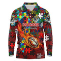 Dragons Autism Awareness Long Sleeve Polo Shirt Puzzle Flames Rugby Ball