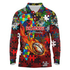 Dragons Autism Awareness Long Sleeve Polo Shirt Puzzle Flames Rugby Ball
