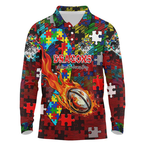 Dragons Autism Awareness Long Sleeve Polo Shirt Puzzle Flames Rugby Ball