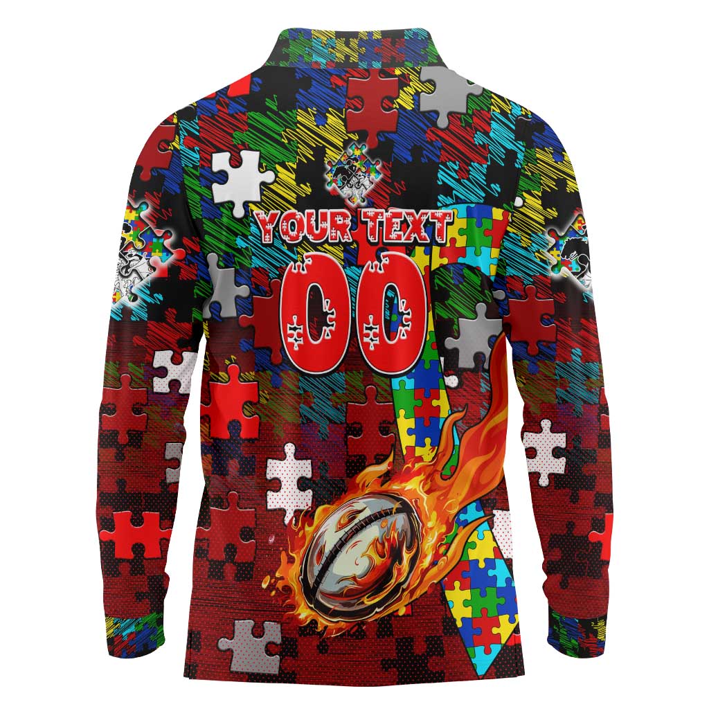 Dragons Autism Awareness Long Sleeve Polo Shirt Puzzle Flames Rugby Ball