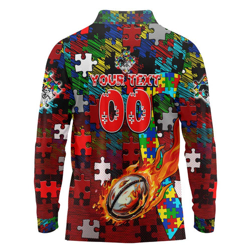 Dragons Autism Awareness Long Sleeve Polo Shirt Puzzle Flames Rugby Ball