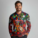 Dragons Autism Awareness Long Sleeve Polo Shirt Puzzle Flames Rugby Ball