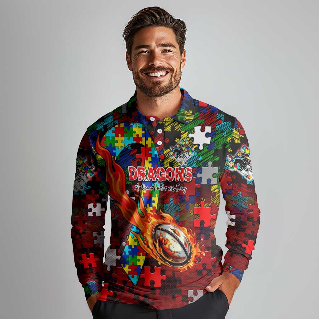Dragons Autism Awareness Long Sleeve Polo Shirt Puzzle Flames Rugby Ball