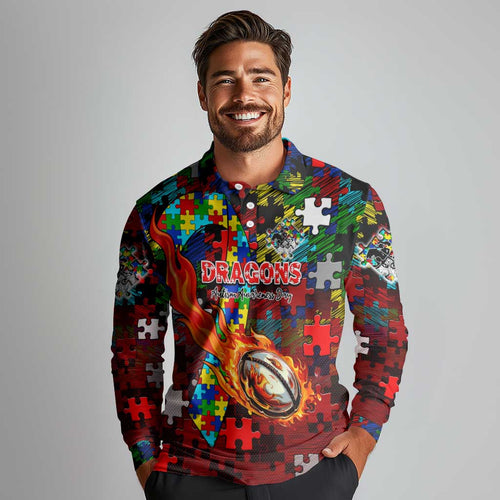 Dragons Autism Awareness Long Sleeve Polo Shirt Puzzle Flames Rugby Ball
