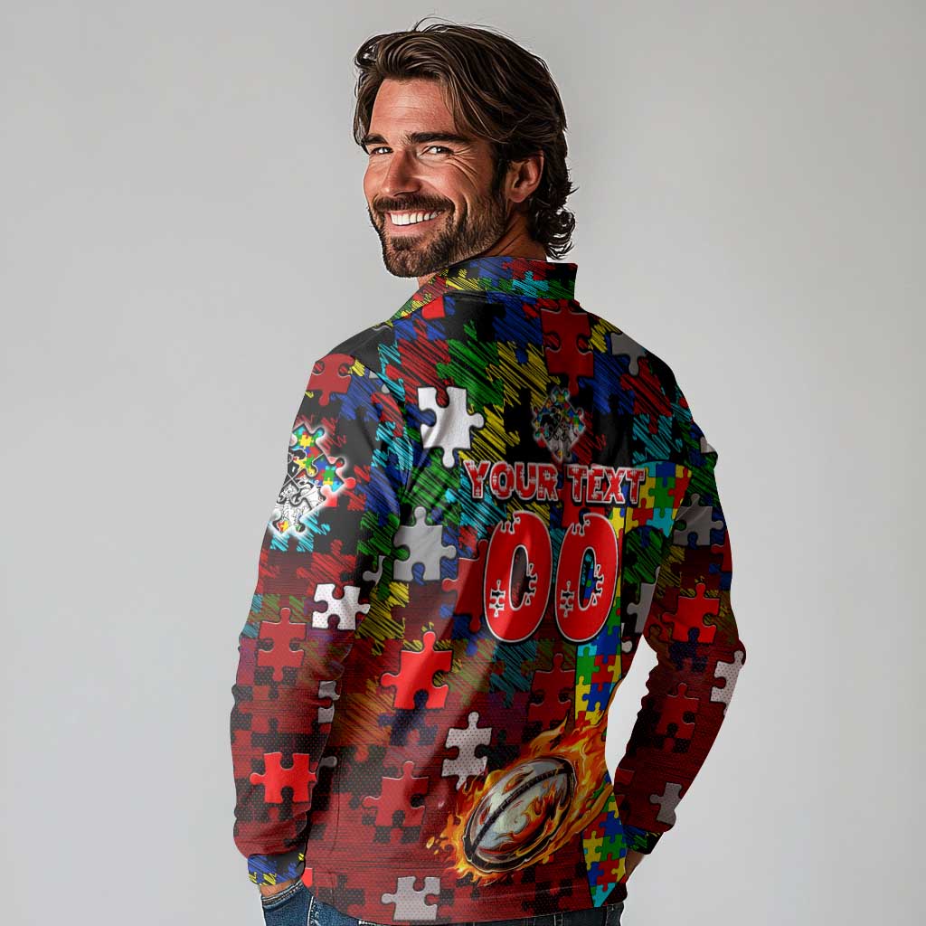 Dragons Autism Awareness Long Sleeve Polo Shirt Puzzle Flames Rugby Ball
