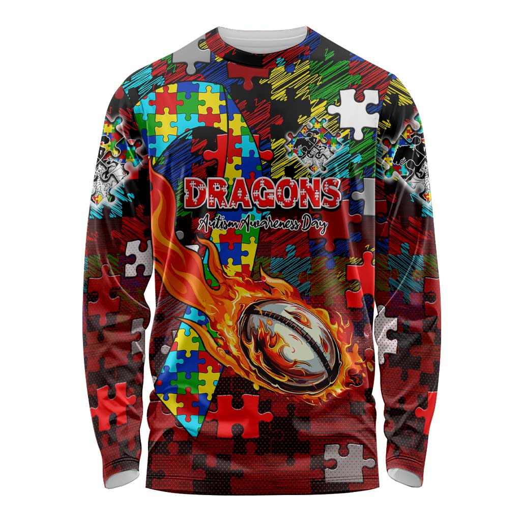 Dragons Autism Awareness Long Sleeve Shirt Puzzle Flames Rugby Ball