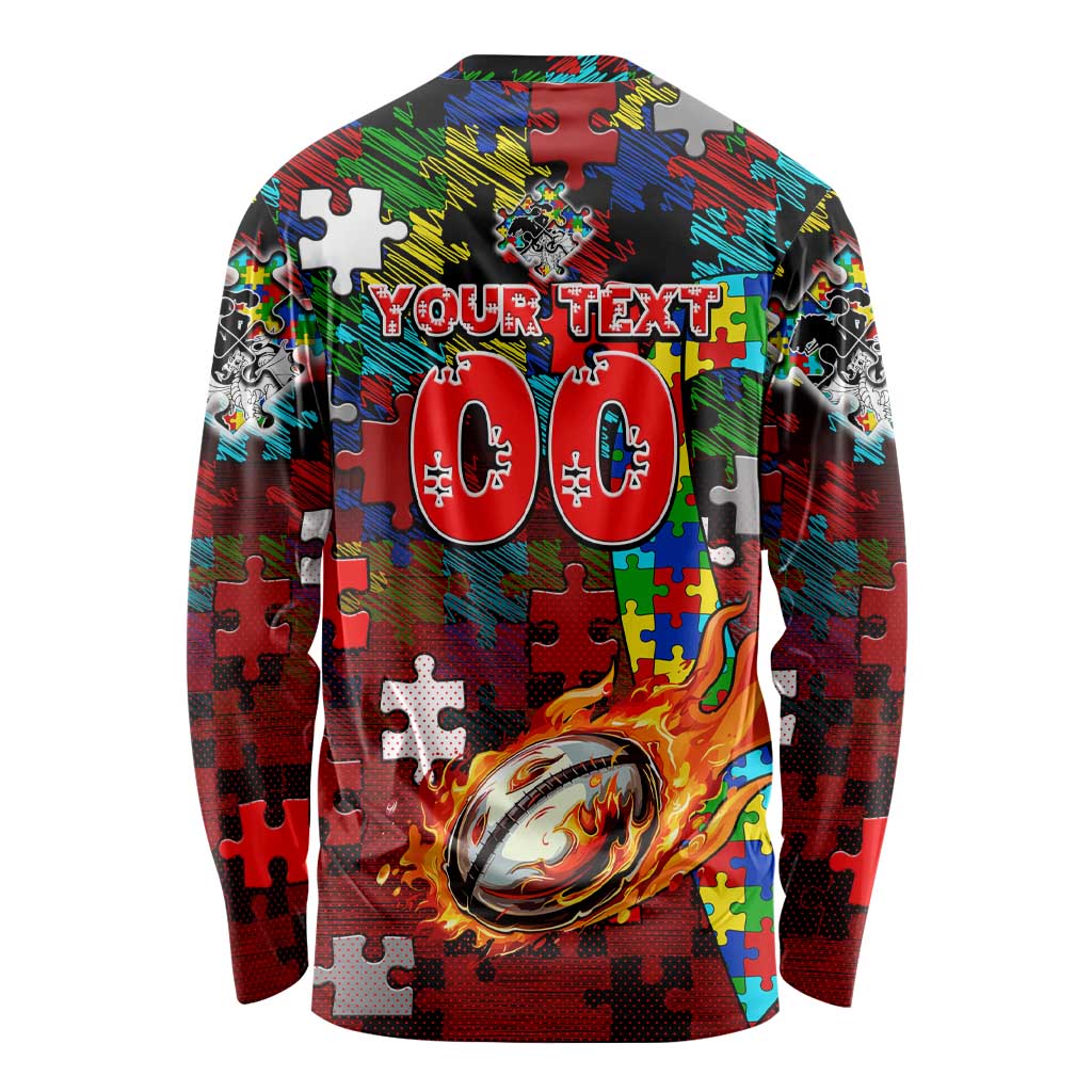 Dragons Autism Awareness Long Sleeve Shirt Puzzle Flames Rugby Ball