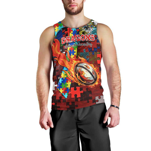 Dragons Autism Awareness Men Tank Top Puzzle Flames Rugby Ball