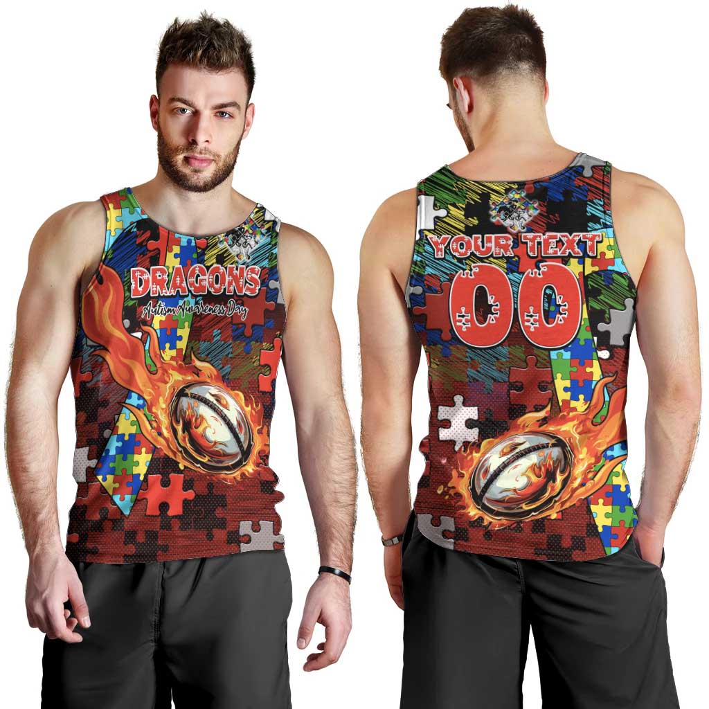 Dragons Autism Awareness Men Tank Top Puzzle Flames Rugby Ball