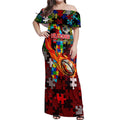 Dragons Autism Awareness Off Shoulder Maxi Dress Puzzle Flames Rugby Ball
