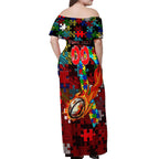 Dragons Autism Awareness Off Shoulder Maxi Dress Puzzle Flames Rugby Ball