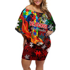 Dragons Autism Awareness Off Shoulder Short Dress Puzzle Flames Rugby Ball