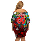 Dragons Autism Awareness Off Shoulder Short Dress Puzzle Flames Rugby Ball