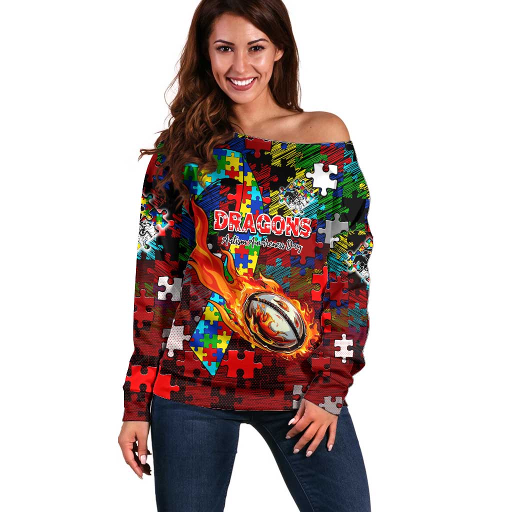Dragons Autism Awareness Off Shoulder Sweater Puzzle Flames Rugby Ball