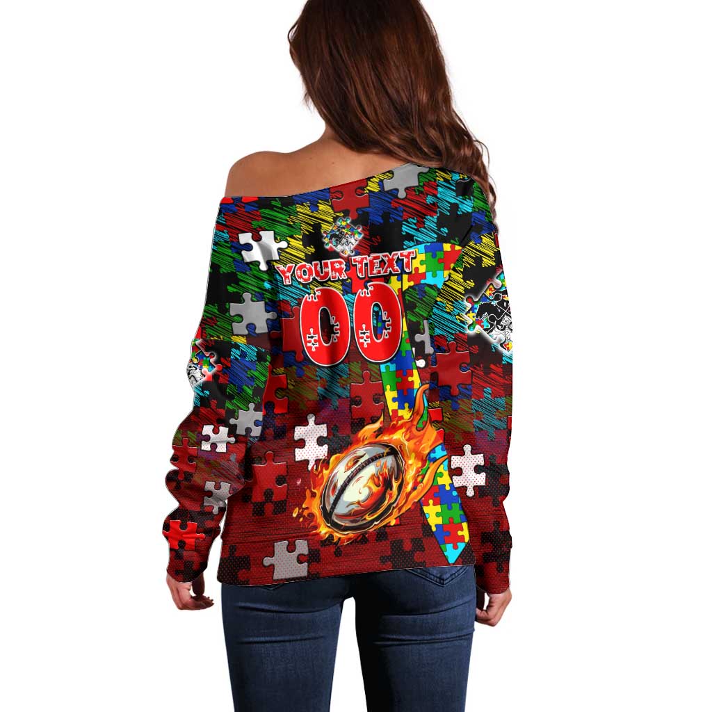 Dragons Autism Awareness Off Shoulder Sweater Puzzle Flames Rugby Ball