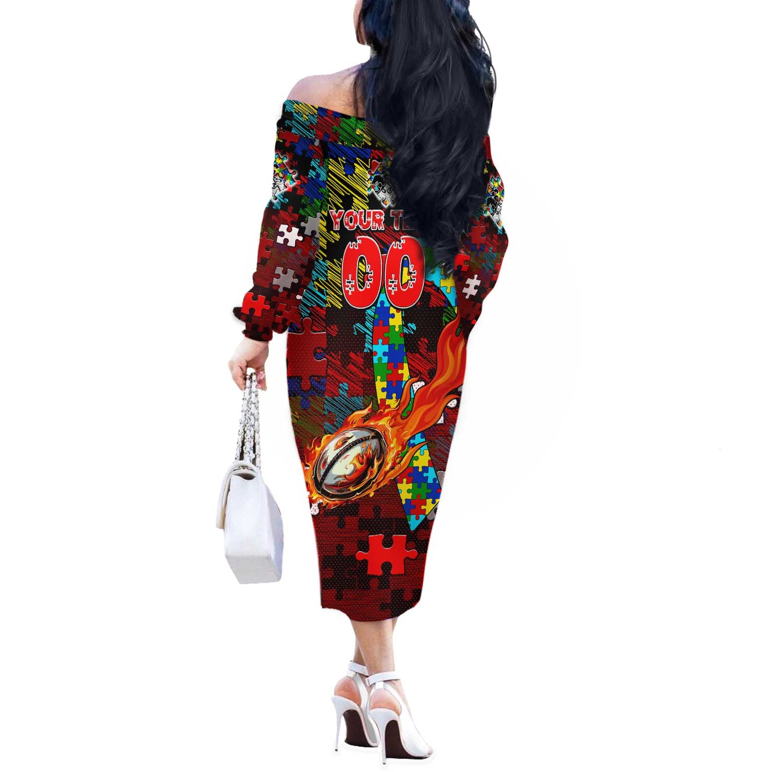 Dragons Autism Awareness Off The Shoulder Long Sleeve Dress Puzzle Flames Rugby Ball