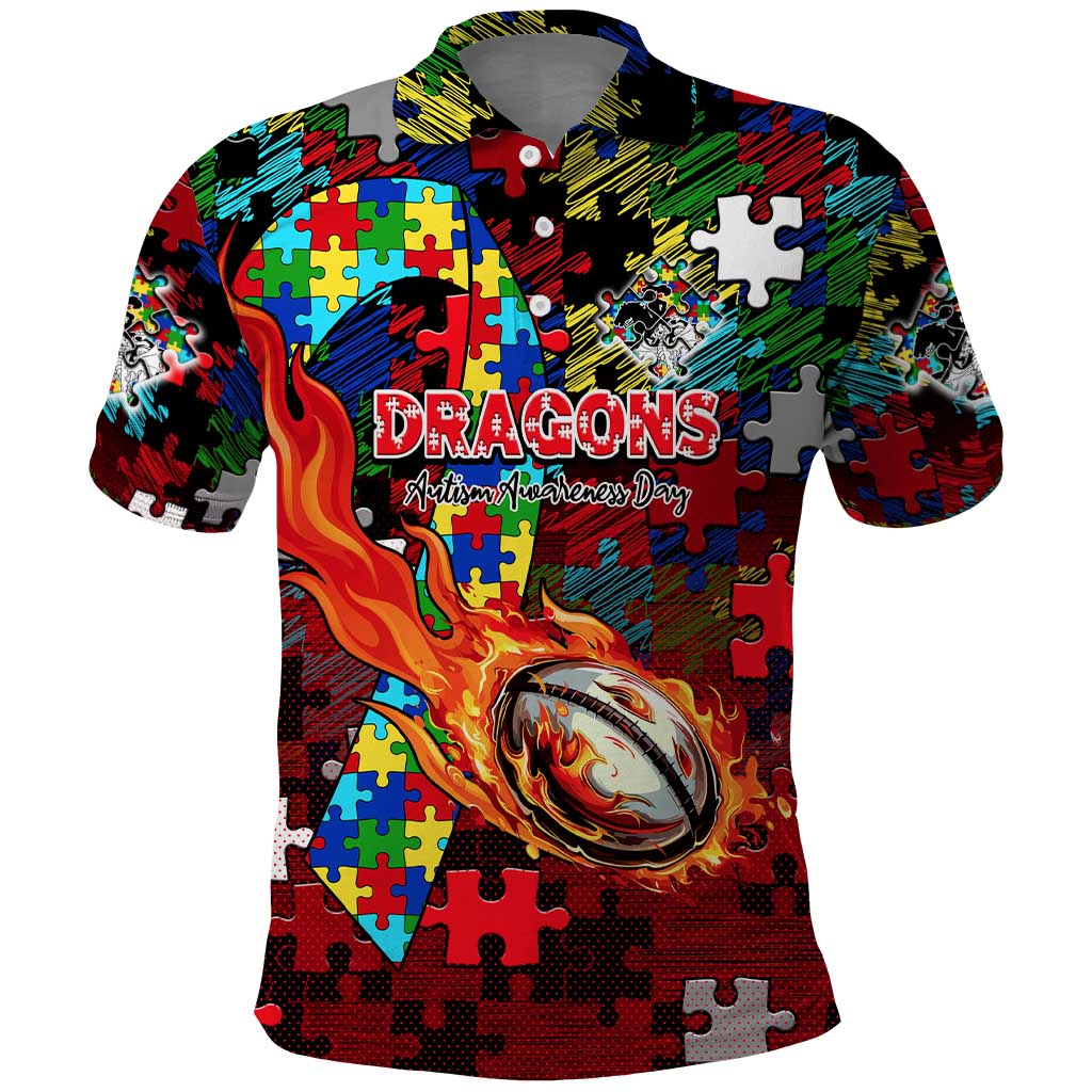 Dragons Autism Awareness Polo Shirt Puzzle Flames Rugby Ball