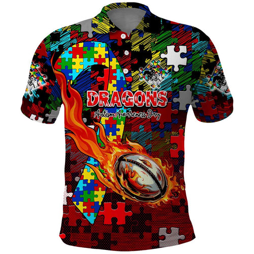Dragons Autism Awareness Polo Shirt Puzzle Flames Rugby Ball