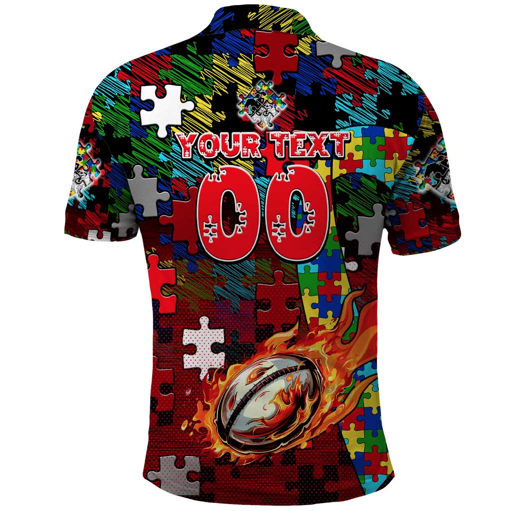 Dragons Autism Awareness Polo Shirt Puzzle Flames Rugby Ball
