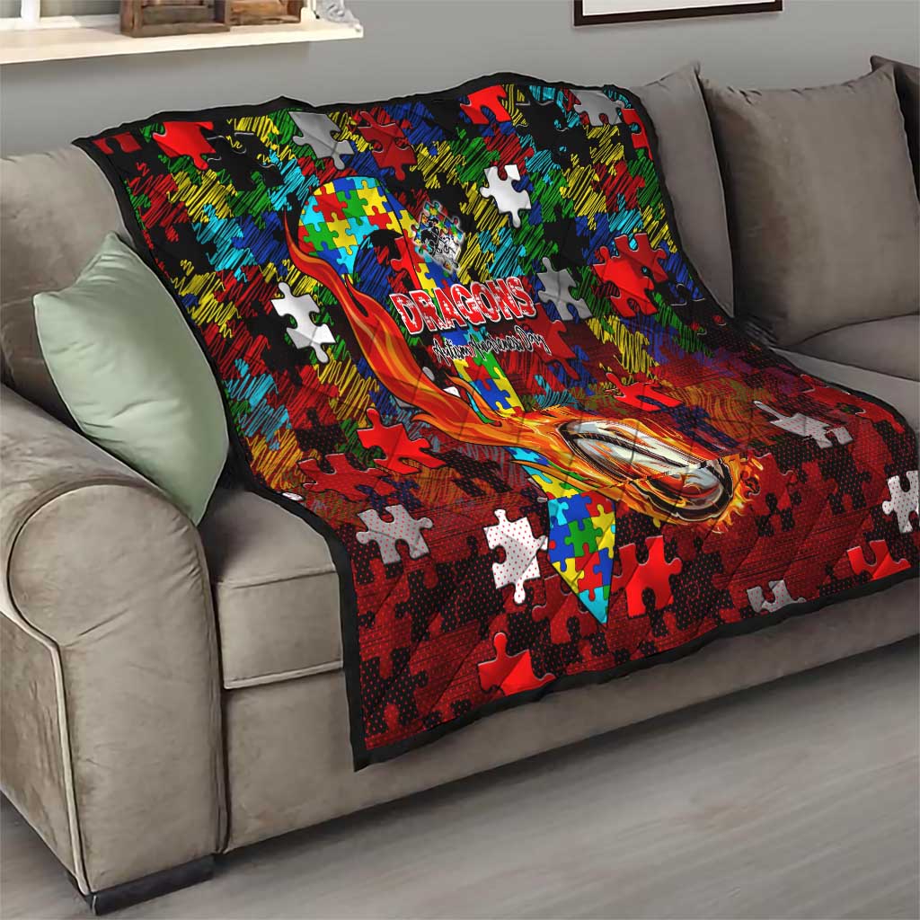 Dragons Autism Awareness Quilt Puzzle Flames Rugby Ball