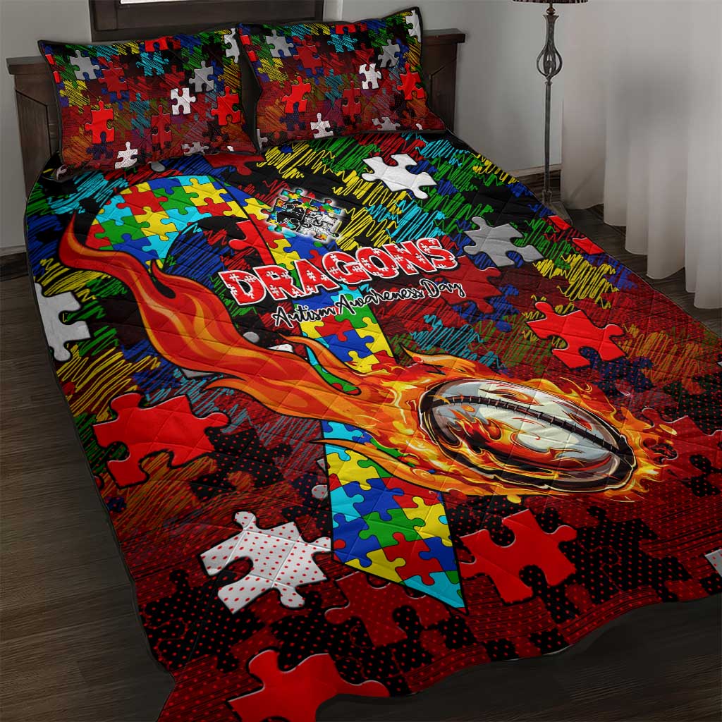 Dragons Autism Awareness Quilt Bed Set Puzzle Flames Rugby Ball