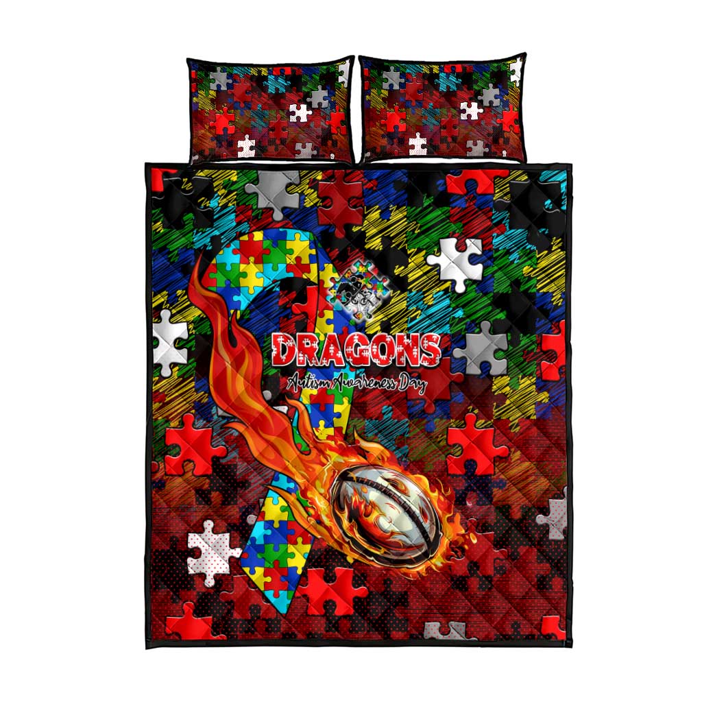 Dragons Autism Awareness Quilt Bed Set Puzzle Flames Rugby Ball
