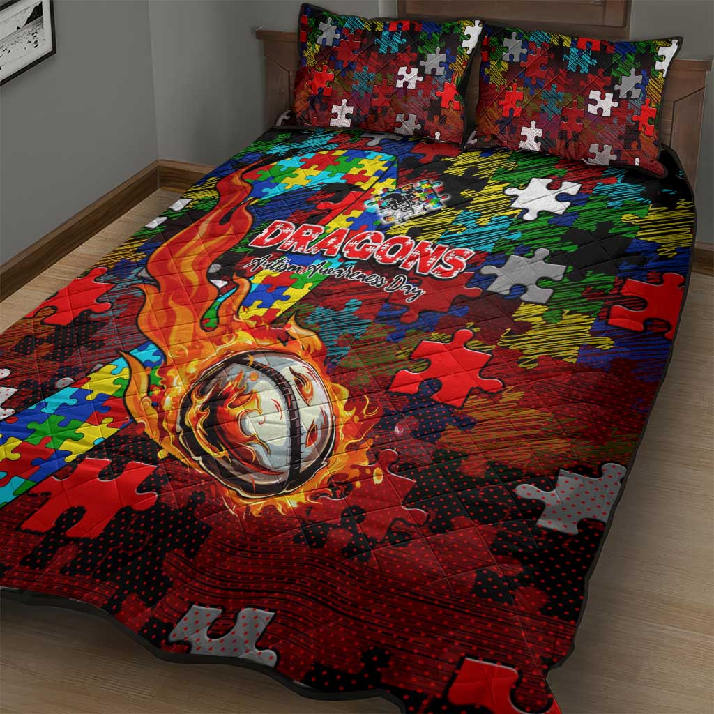 Dragons Autism Awareness Quilt Bed Set Puzzle Flames Rugby Ball