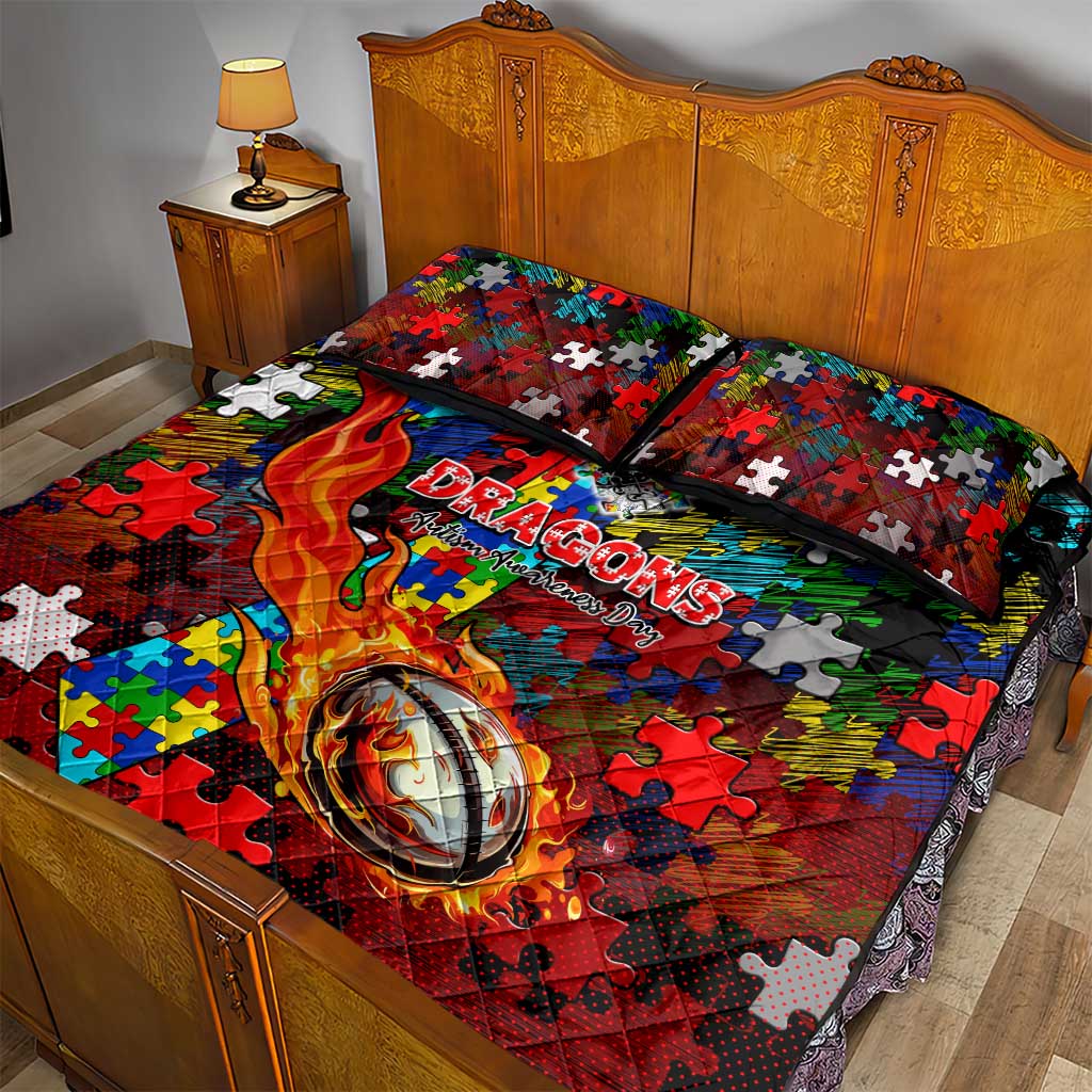 Dragons Autism Awareness Quilt Bed Set Puzzle Flames Rugby Ball