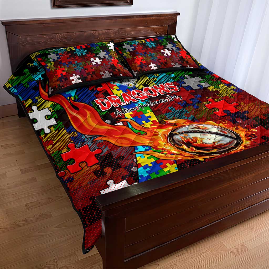 Dragons Autism Awareness Quilt Bed Set Puzzle Flames Rugby Ball
