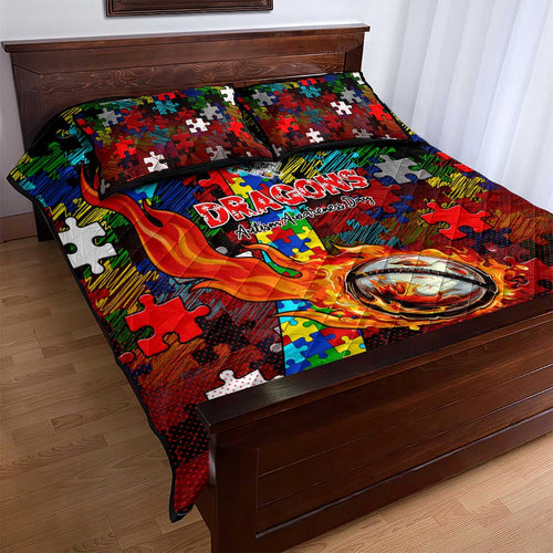 Dragons Autism Awareness Quilt Bed Set Puzzle Flames Rugby Ball