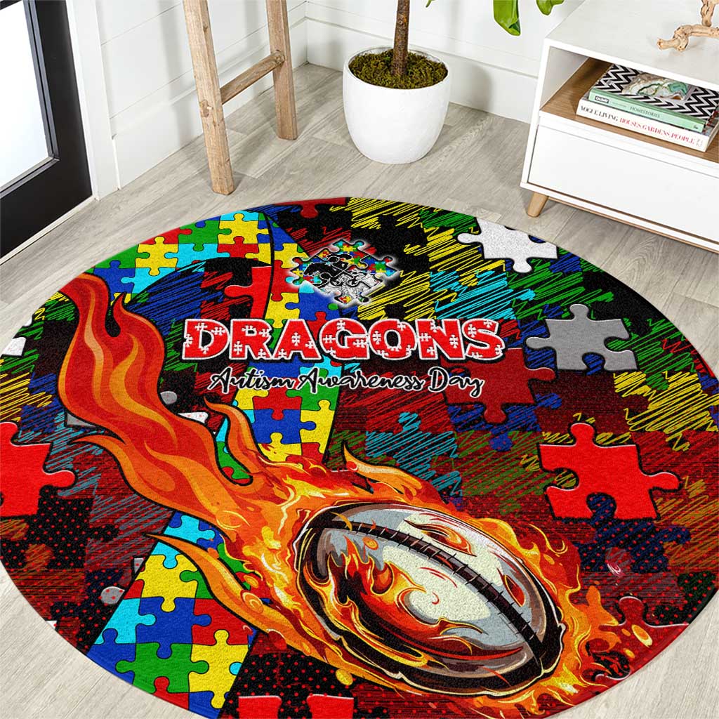 Dragons Autism Awareness Round Carpet Puzzle Flames Rugby Ball