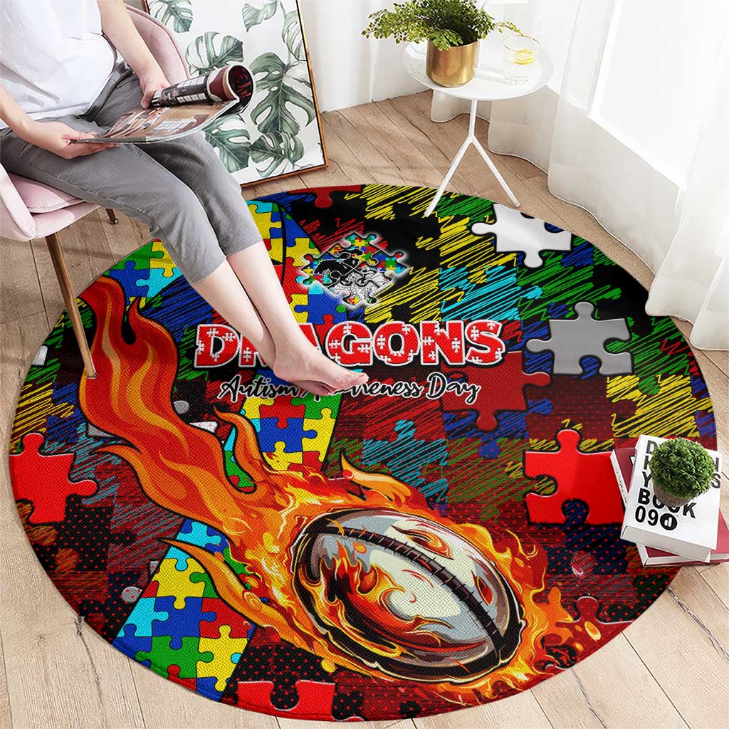 Dragons Autism Awareness Round Carpet Puzzle Flames Rugby Ball