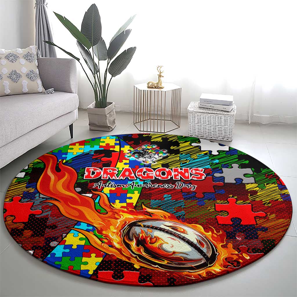 Dragons Autism Awareness Round Carpet Puzzle Flames Rugby Ball