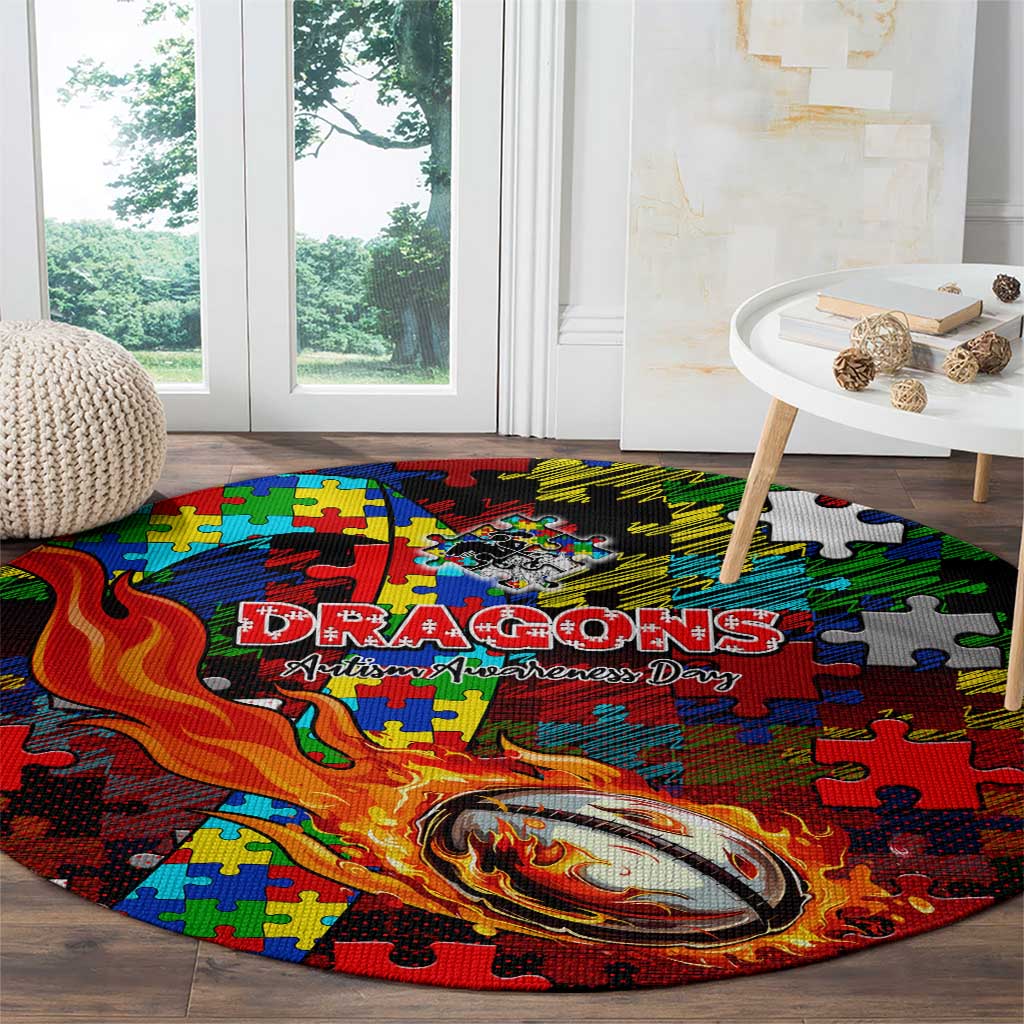 Dragons Autism Awareness Round Carpet Puzzle Flames Rugby Ball