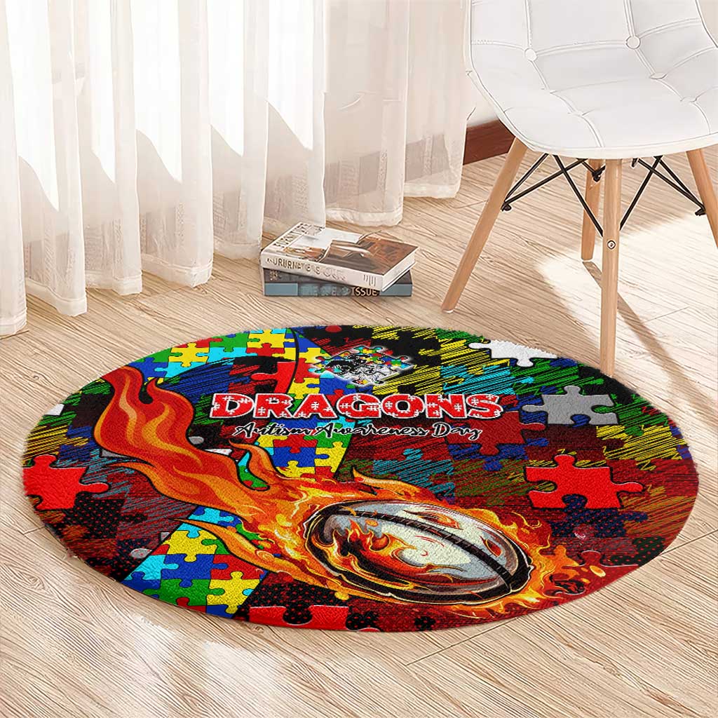 Dragons Autism Awareness Round Carpet Puzzle Flames Rugby Ball
