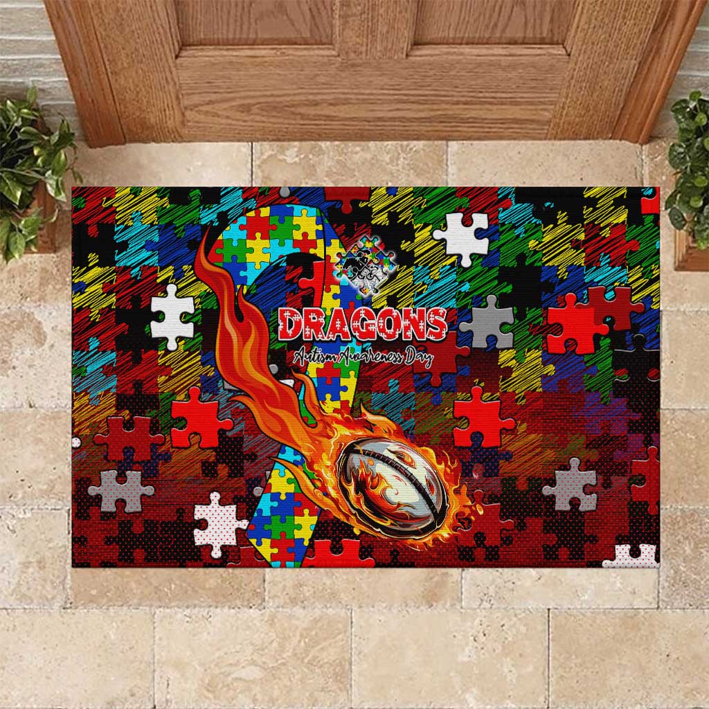 Dragons Autism Awareness Rubber Doormat Puzzle Flames Rugby Ball