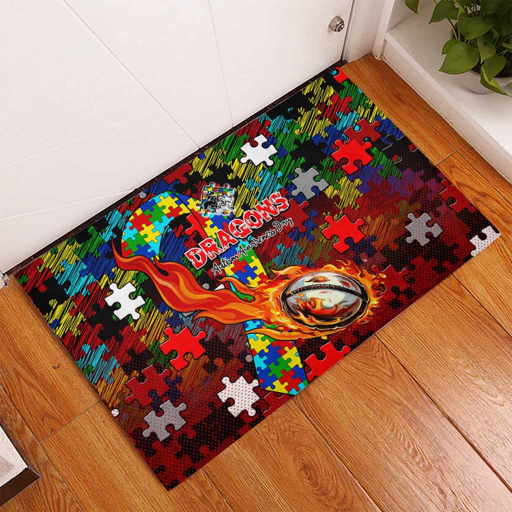 Dragons Autism Awareness Rubber Doormat Puzzle Flames Rugby Ball