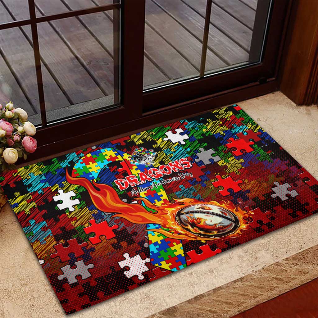 Dragons Autism Awareness Rubber Doormat Puzzle Flames Rugby Ball