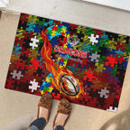 Dragons Autism Awareness Rubber Doormat Puzzle Flames Rugby Ball