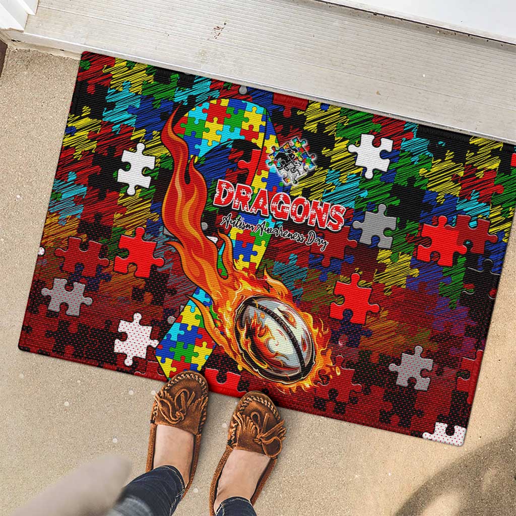 Dragons Autism Awareness Rubber Doormat Puzzle Flames Rugby Ball