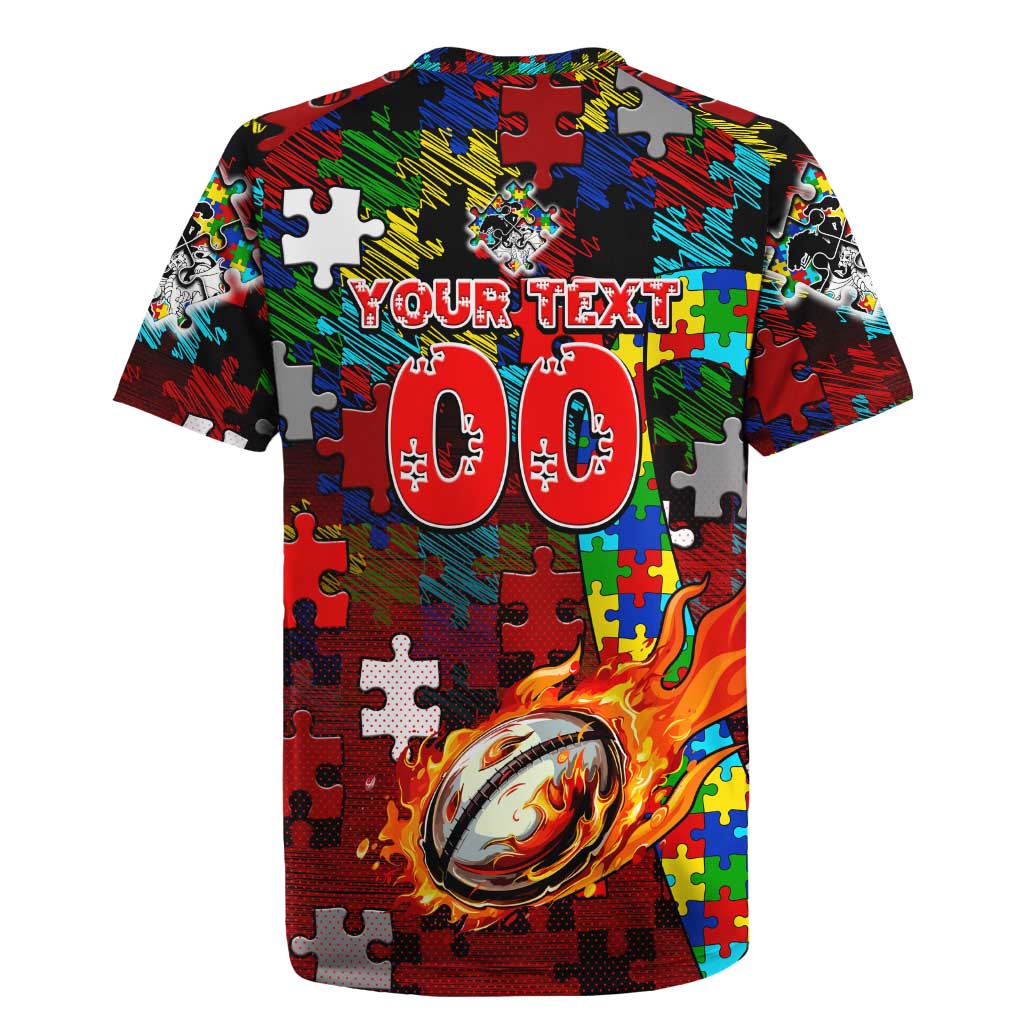 Dragons Autism Awareness Rugby Jersey Puzzle Flames Rugby Ball