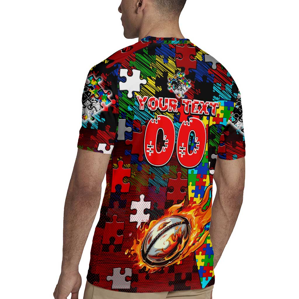 Dragons Autism Awareness Rugby Jersey Puzzle Flames Rugby Ball