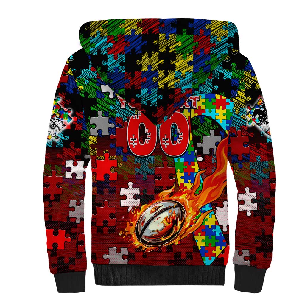 Dragons Autism Awareness Sherpa Hoodie Puzzle Flames Rugby Ball
