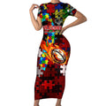 Dragons Autism Awareness Short Sleeve Bodycon Dress Puzzle Flames Rugby Ball