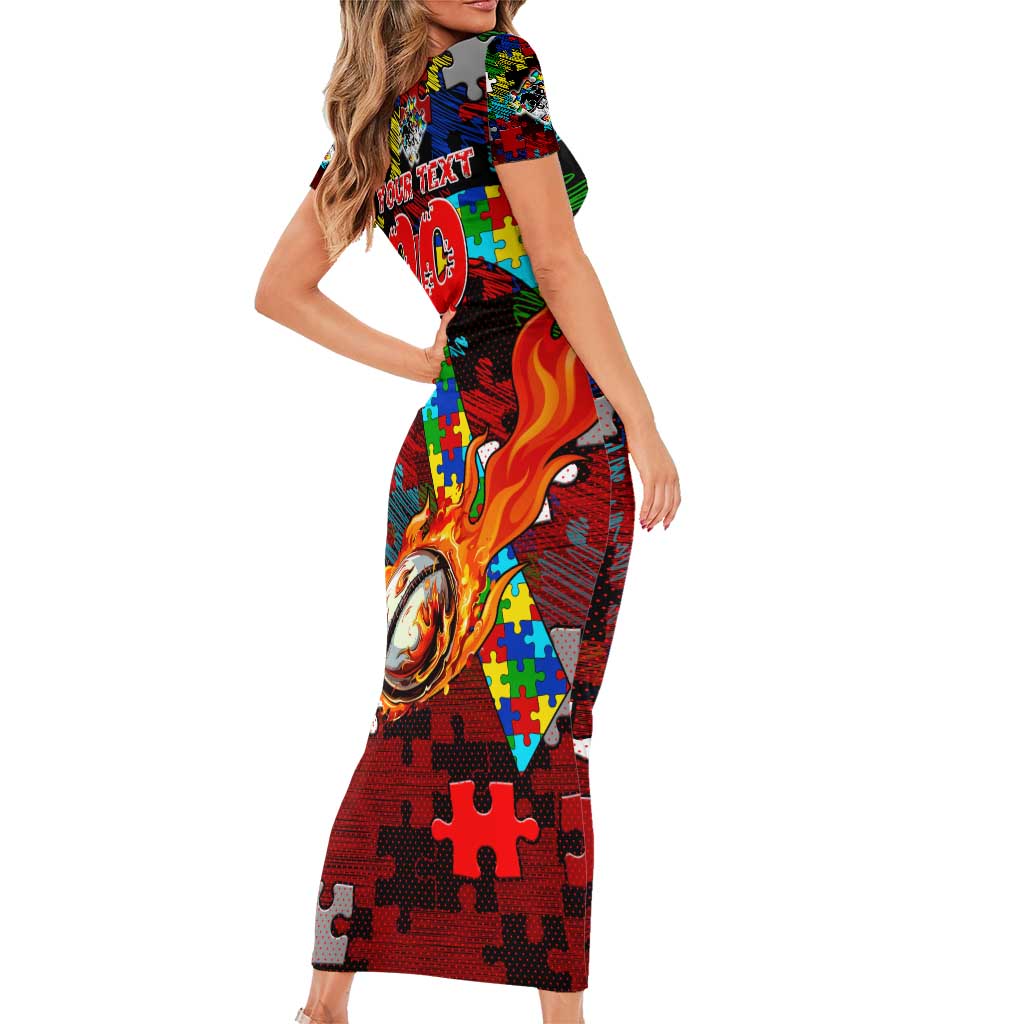 Dragons Autism Awareness Short Sleeve Bodycon Dress Puzzle Flames Rugby Ball