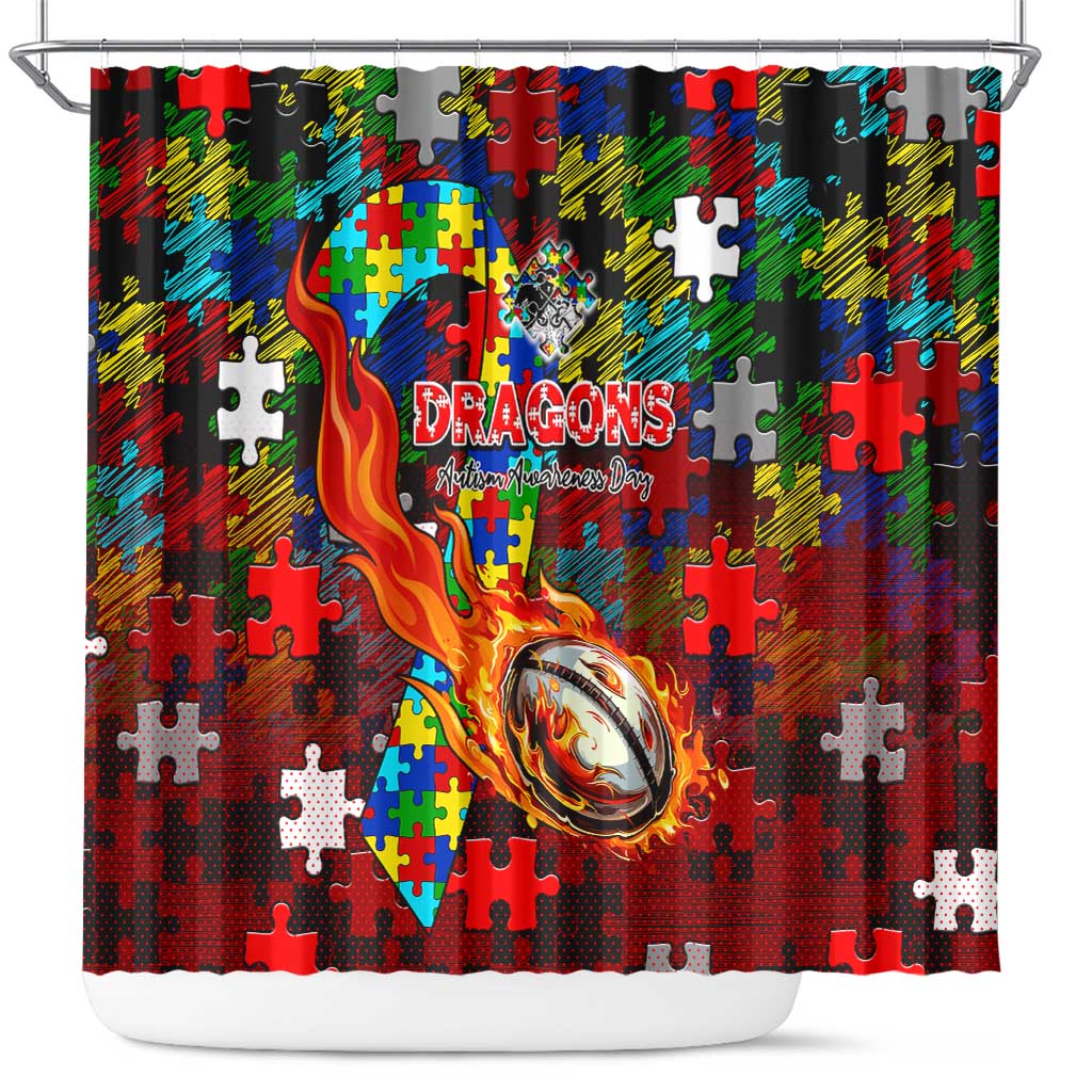Dragons Autism Awareness Shower Curtain Puzzle Flames Rugby Ball