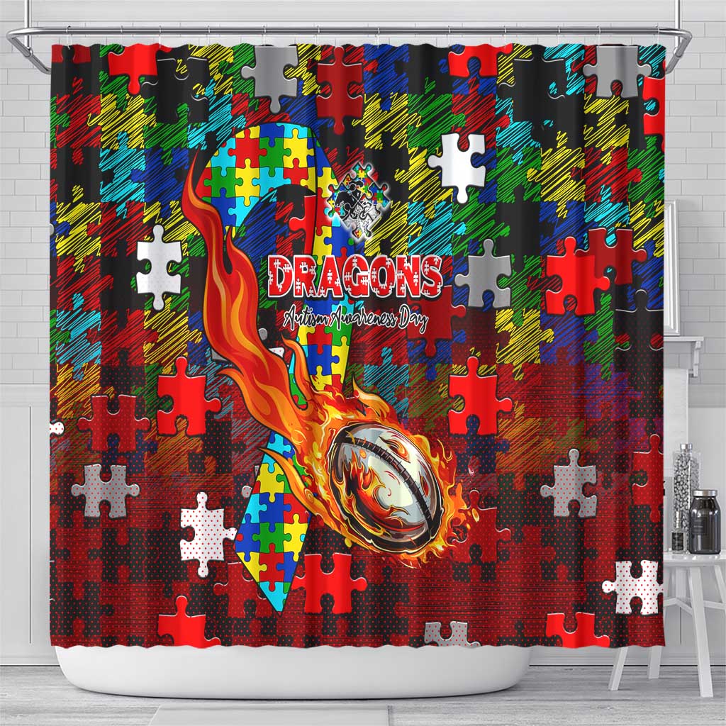 Dragons Autism Awareness Shower Curtain Puzzle Flames Rugby Ball