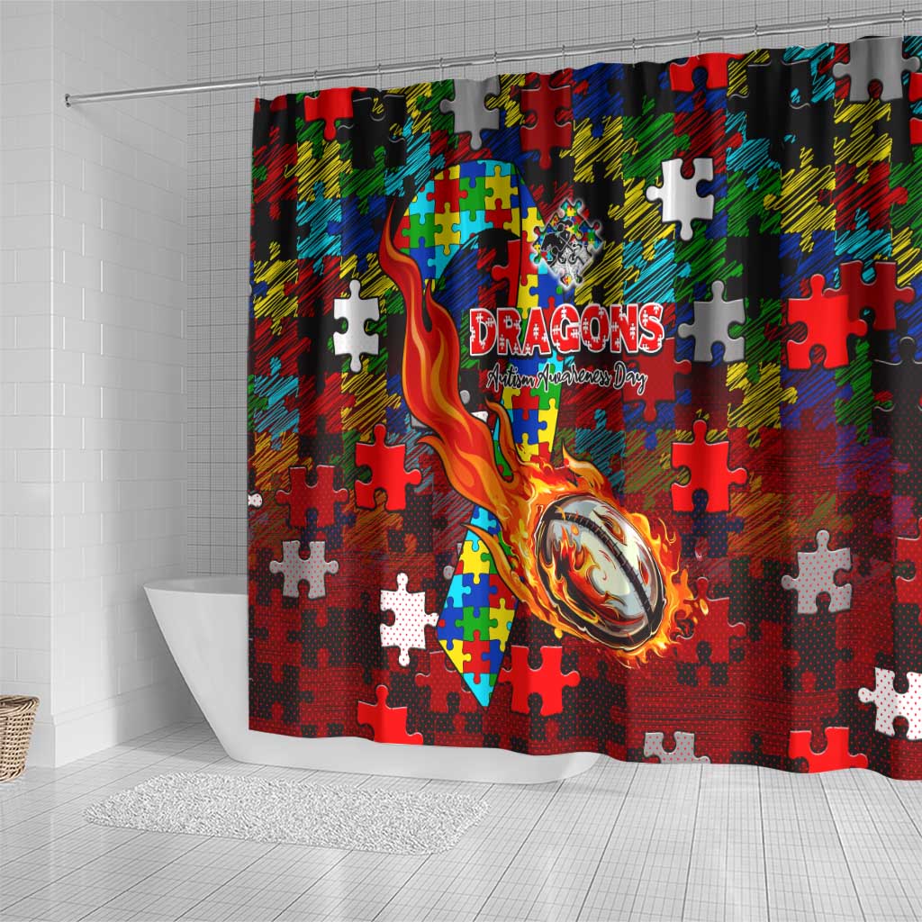 Dragons Autism Awareness Shower Curtain Puzzle Flames Rugby Ball