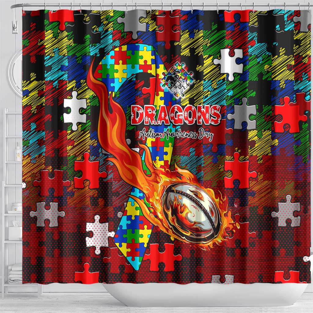 Dragons Autism Awareness Shower Curtain Puzzle Flames Rugby Ball