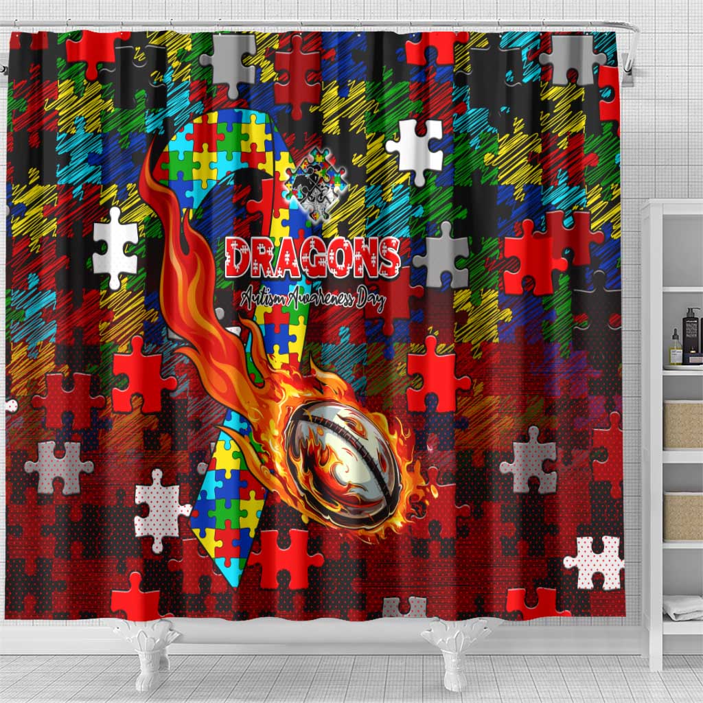 Dragons Autism Awareness Shower Curtain Puzzle Flames Rugby Ball
